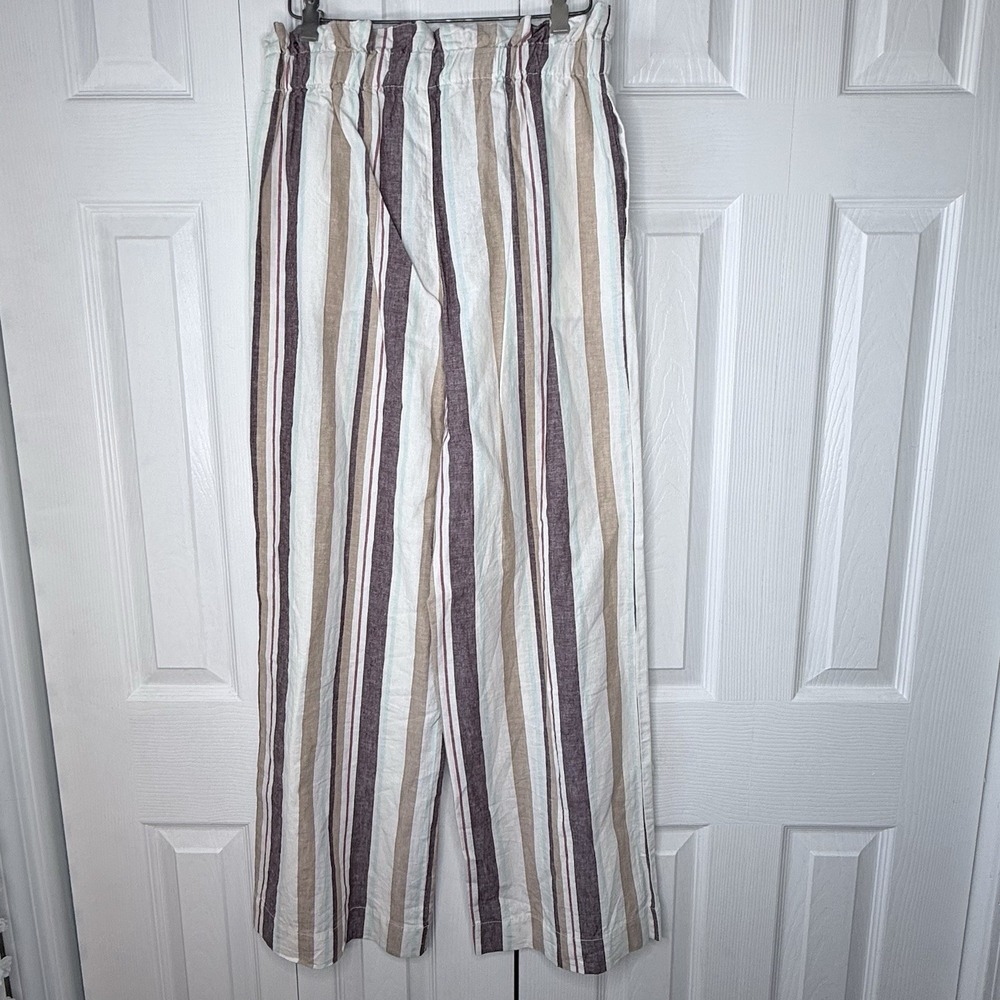NWOT Abercrombie & Fitch Striped Linen Blend Wide Leg Pants Paperbag Waist Sz M - Picture 3 of 7
